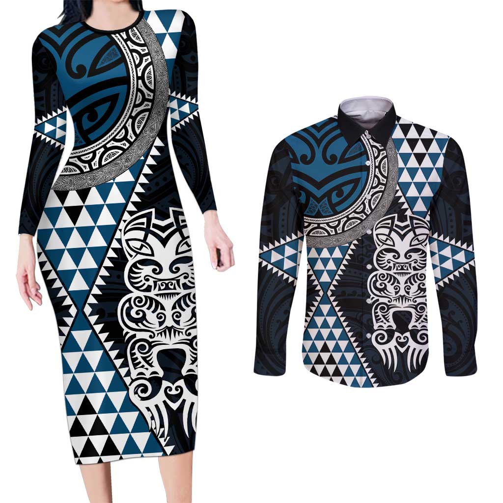 Blue Aotearoa Niho Taniwha Couples Matching Long Sleeve Bodycon Dress and Long Sleeve Button Shirt Maori Mythology Tooth - Taniko Motifs