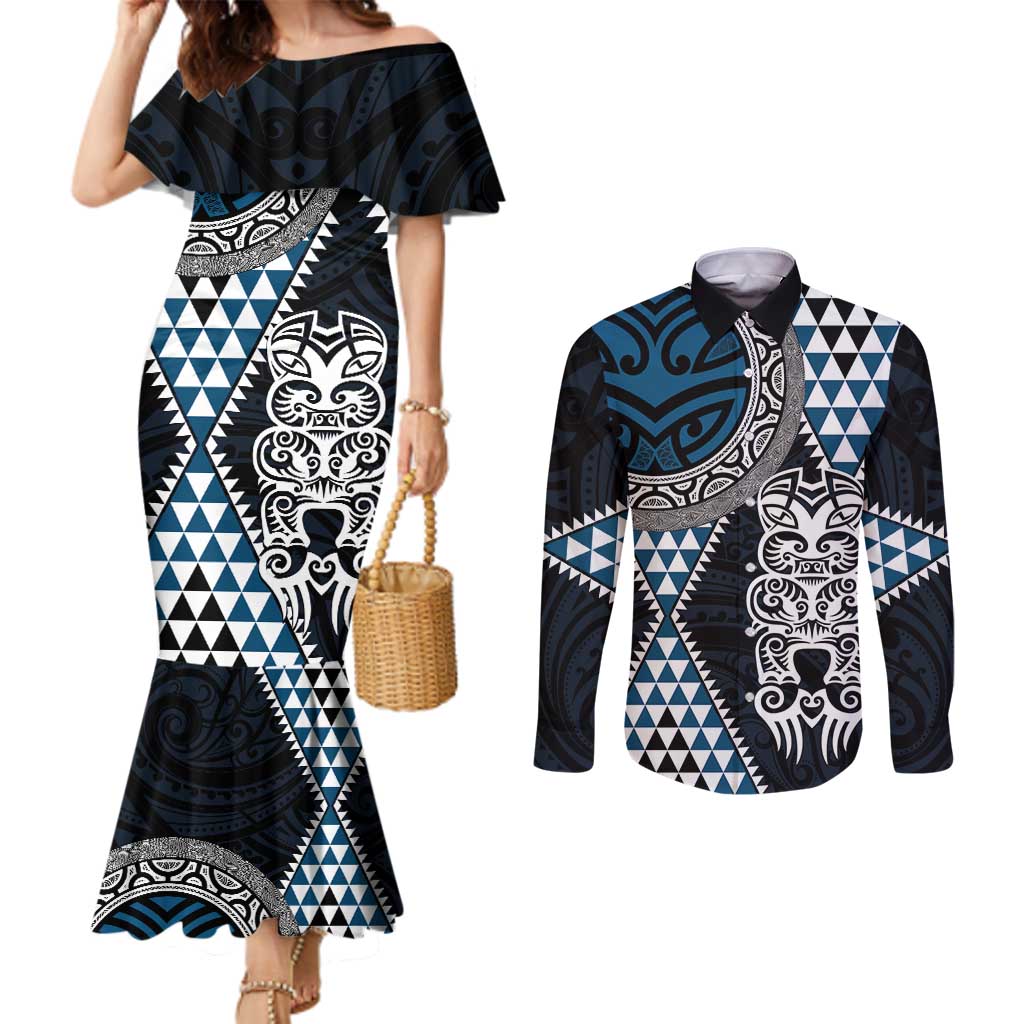 Blue Aotearoa Niho Taniwha Couples Matching Mermaid Dress and Long Sleeve Button Shirt Maori Mythology Tooth - Taniko Motifs