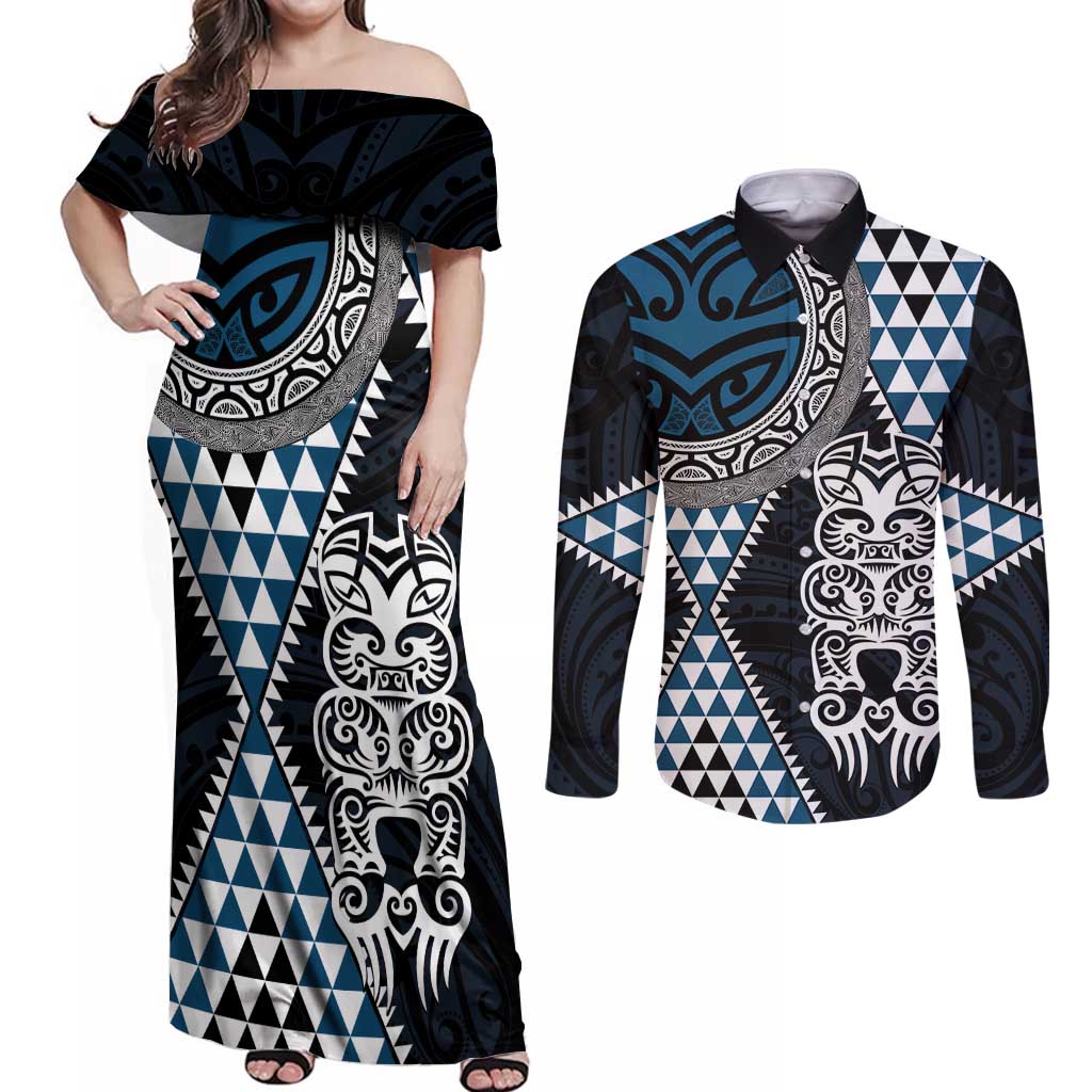 Blue Aotearoa Niho Taniwha Couples Matching Off Shoulder Maxi Dress and Long Sleeve Button Shirt Maori Mythology Tooth - Taniko Motifs