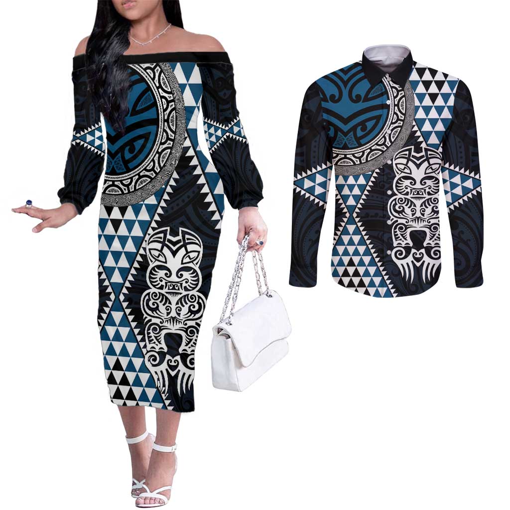 Blue Aotearoa Niho Taniwha Couples Matching Off The Shoulder Long Sleeve Dress and Long Sleeve Button Shirt Maori Mythology Tooth - Taniko Motifs LT14 Blue - Polynesian Pride