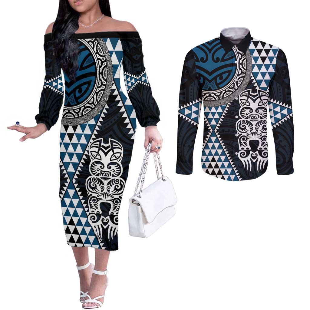 Blue Aotearoa Niho Taniwha Couples Matching Off The Shoulder Long Sleeve Dress and Long Sleeve Button Shirt Maori Mythology Tooth - Taniko Motifs