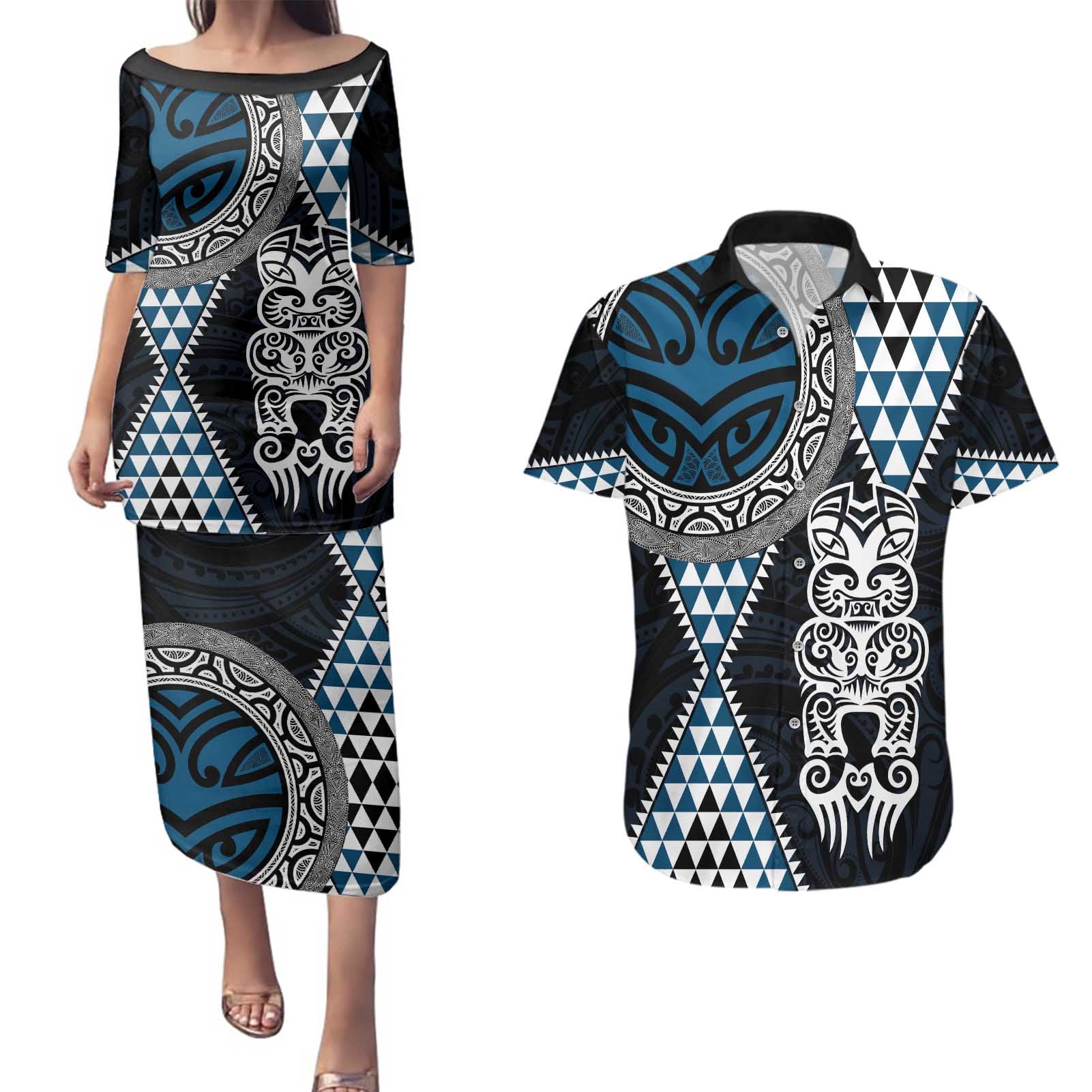 Blue Aotearoa Niho Taniwha Couples Matching Puletasi and Hawaiian Shirt Maori Mythology Tooth - Taniko Motifs