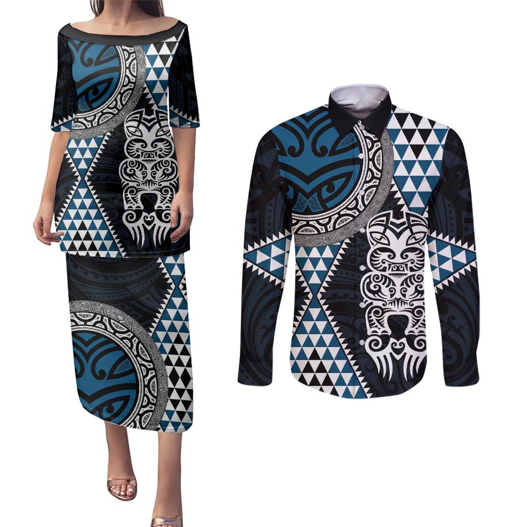 Blue Aotearoa Niho Taniwha Couples Matching Puletasi and Long Sleeve Button Shirt Maori Mythology Tooth - Taniko Motifs