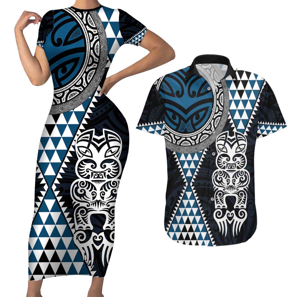 Blue Aotearoa Niho Taniwha Couples Matching Short Sleeve Bodycon Dress and Hawaiian Shirt Maori Mythology Tooth - Taniko Motifs