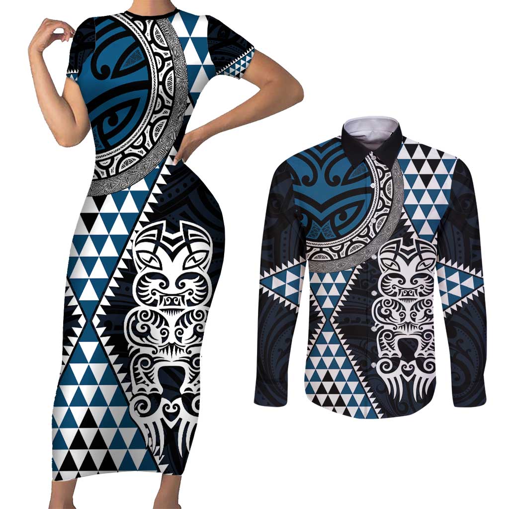 Blue Aotearoa Niho Taniwha Couples Matching Short Sleeve Bodycon Dress and Long Sleeve Button Shirt Maori Mythology Tooth - Taniko Motifs