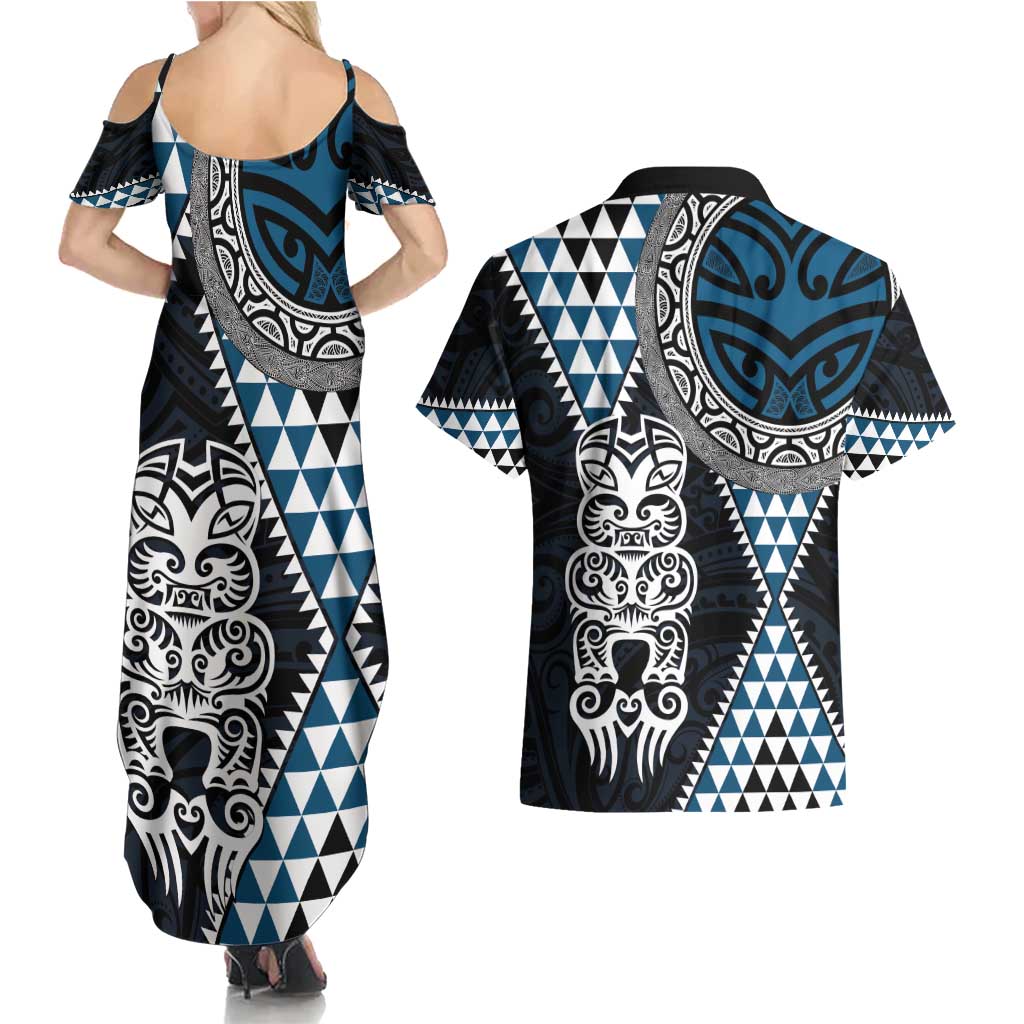 Blue Aotearoa Niho Taniwha Couples Matching Summer Maxi Dress and Hawaiian Shirt Maori Mythology Tooth - Taniko Motifs