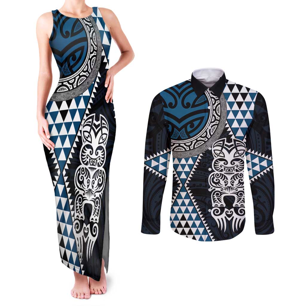 Blue Aotearoa Niho Taniwha Couples Matching Tank Maxi Dress and Long Sleeve Button Shirt Maori Mythology Tooth - Taniko Motifs