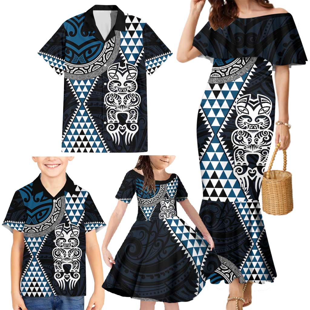 Blue Aotearoa Niho Taniwha Family Matching Mermaid Dress and Hawaiian Shirt Maori Mythology Tooth - Taniko Motifs