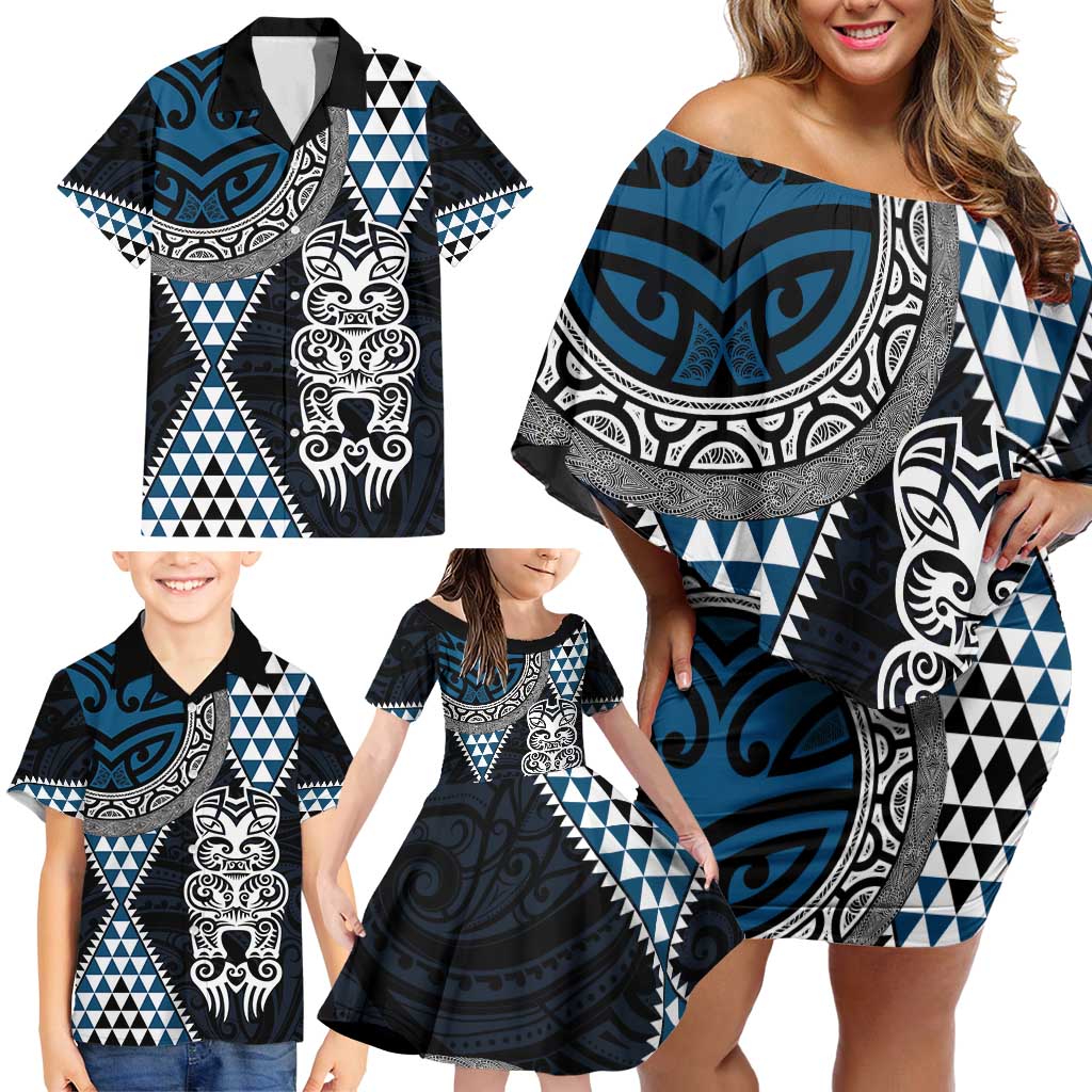 Blue Aotearoa Niho Taniwha Family Matching Off Shoulder Short Dress and Hawaiian Shirt Maori Mythology Tooth - Taniko Motifs