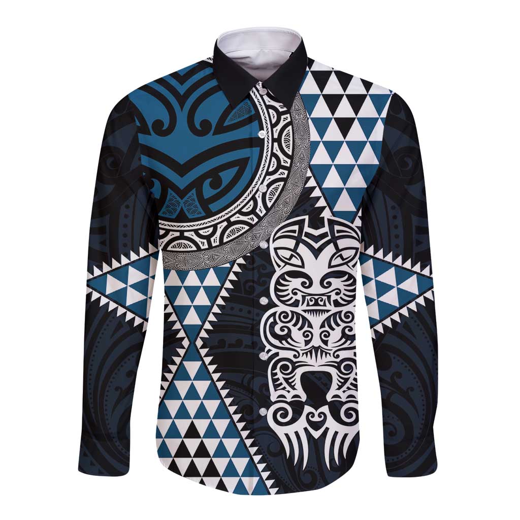 Blue Aotearoa Niho Taniwha Long Sleeve Button Shirt Maori Mythology Tooth - Taniko Motifs