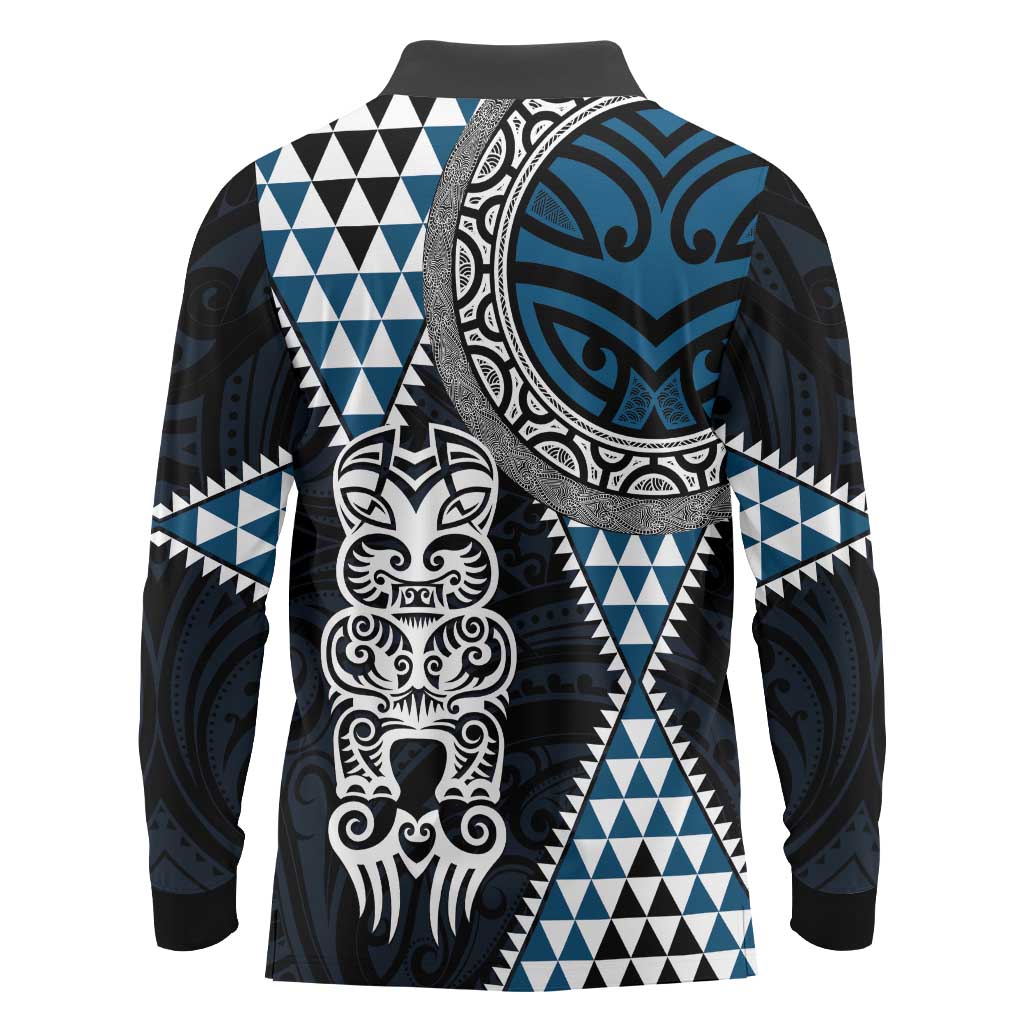 Blue Aotearoa Niho Taniwha Long Sleeve Polo Shirt Maori Mythology Tooth - Taniko Motifs