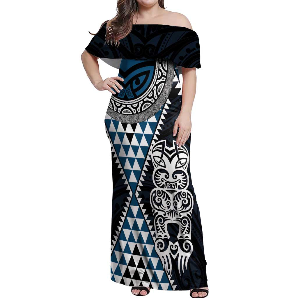 Blue Aotearoa Niho Taniwha Off Shoulder Maxi Dress Maori Mythology Tooth - Taniko Motifs