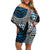 Blue Aotearoa Niho Taniwha Off Shoulder Short Dress Maori Mythology Tooth - Taniko Motifs