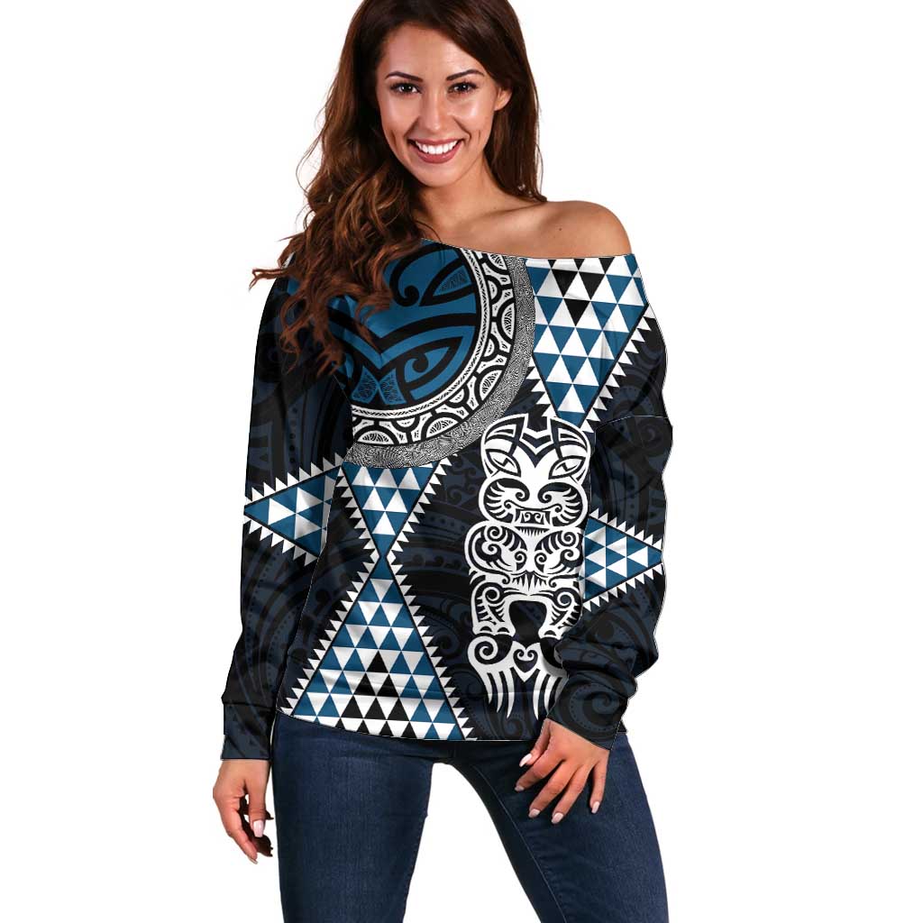 Blue Aotearoa Niho Taniwha Off Shoulder Sweater Maori Mythology Tooth - Taniko Motifs