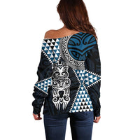 Blue Aotearoa Niho Taniwha Off Shoulder Sweater Maori Mythology Tooth - Taniko Motifs
