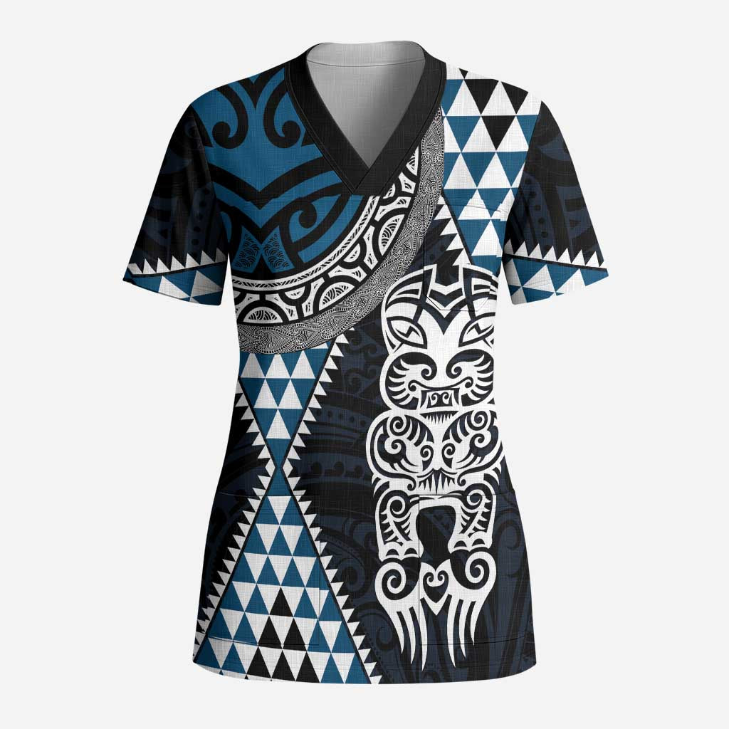 Blue Aotearoa Niho Taniwha Scrub Top Maori Mythology Tooth - Taniko Motifs - Polynesian Pride