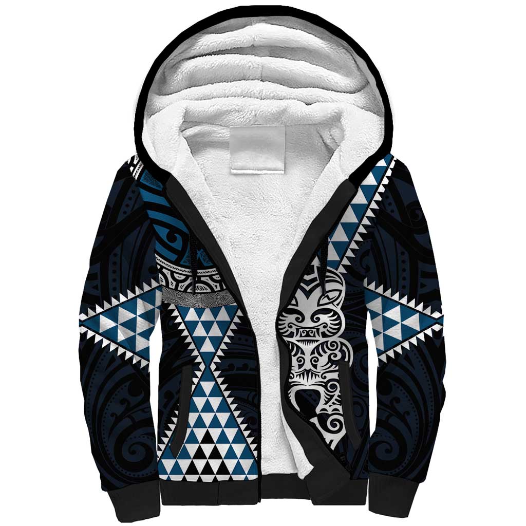 Blue Aotearoa Niho Taniwha Sherpa Hoodie Maori Mythology Tooth - Taniko Motifs