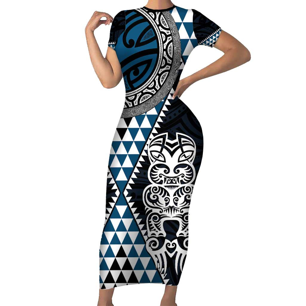 Blue Aotearoa Niho Taniwha Short Sleeve Bodycon Dress Maori Mythology Tooth - Taniko Motifs