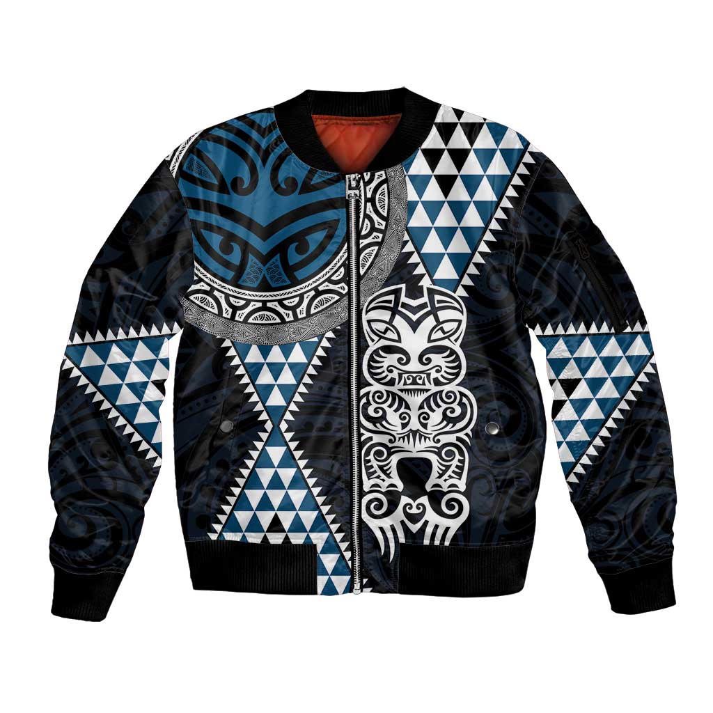 Blue Aotearoa Niho Taniwha Sleeve Zip Bomber Jacket Maori Mythology Tooth - Taniko Motifs