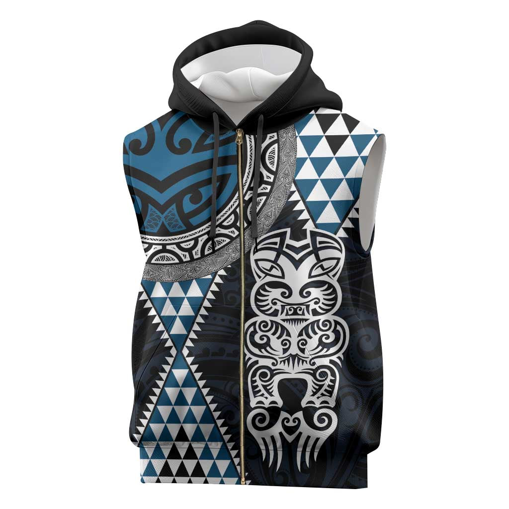 Blue Aotearoa Niho Taniwha Sleeveless Zip Hoodie Maori Mythology Tooth - Taniko Motifs - Polynesian Pride