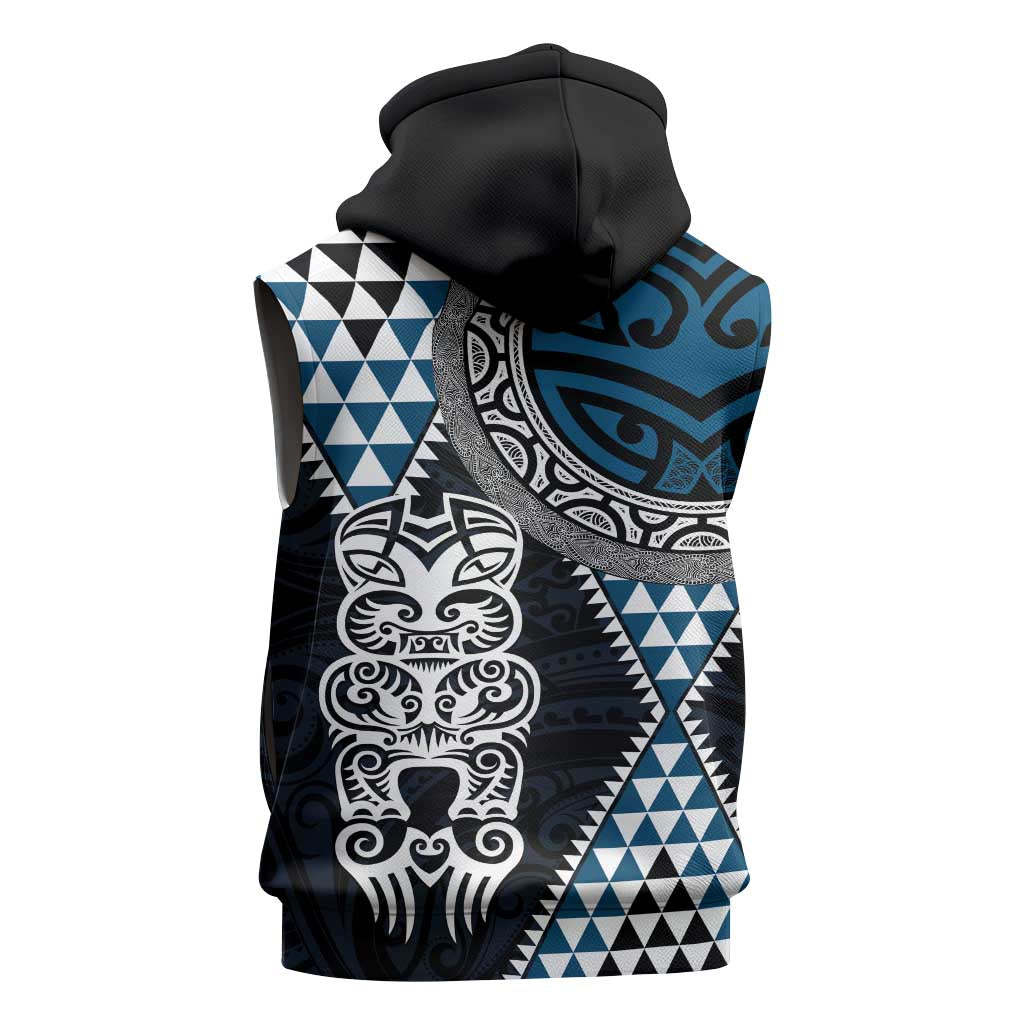 Blue Aotearoa Niho Taniwha Sleeveless Zip Hoodie Maori Mythology Tooth - Taniko Motifs - Polynesian Pride