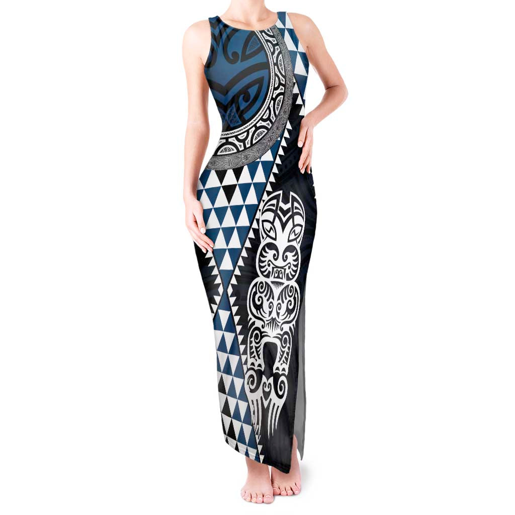 Blue Aotearoa Niho Taniwha Tank Maxi Dress Maori Mythology Tooth - Taniko Motifs