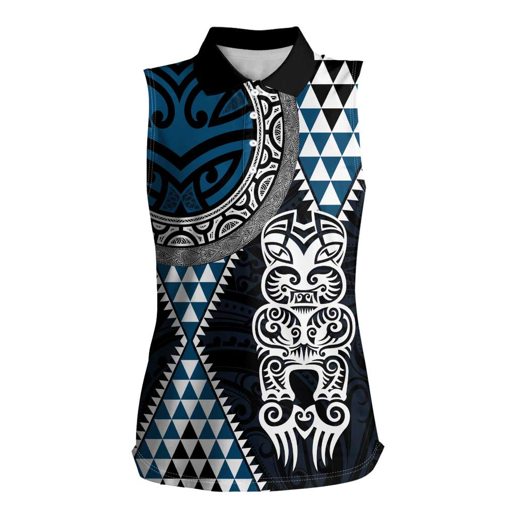 Blue Aotearoa Niho Taniwha Women Sleeveless Polo Shirt Maori Mythology Tooth - Taniko Motifs