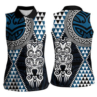 Blue Aotearoa Niho Taniwha Women Sleeveless Polo Shirt Maori Mythology Tooth - Taniko Motifs