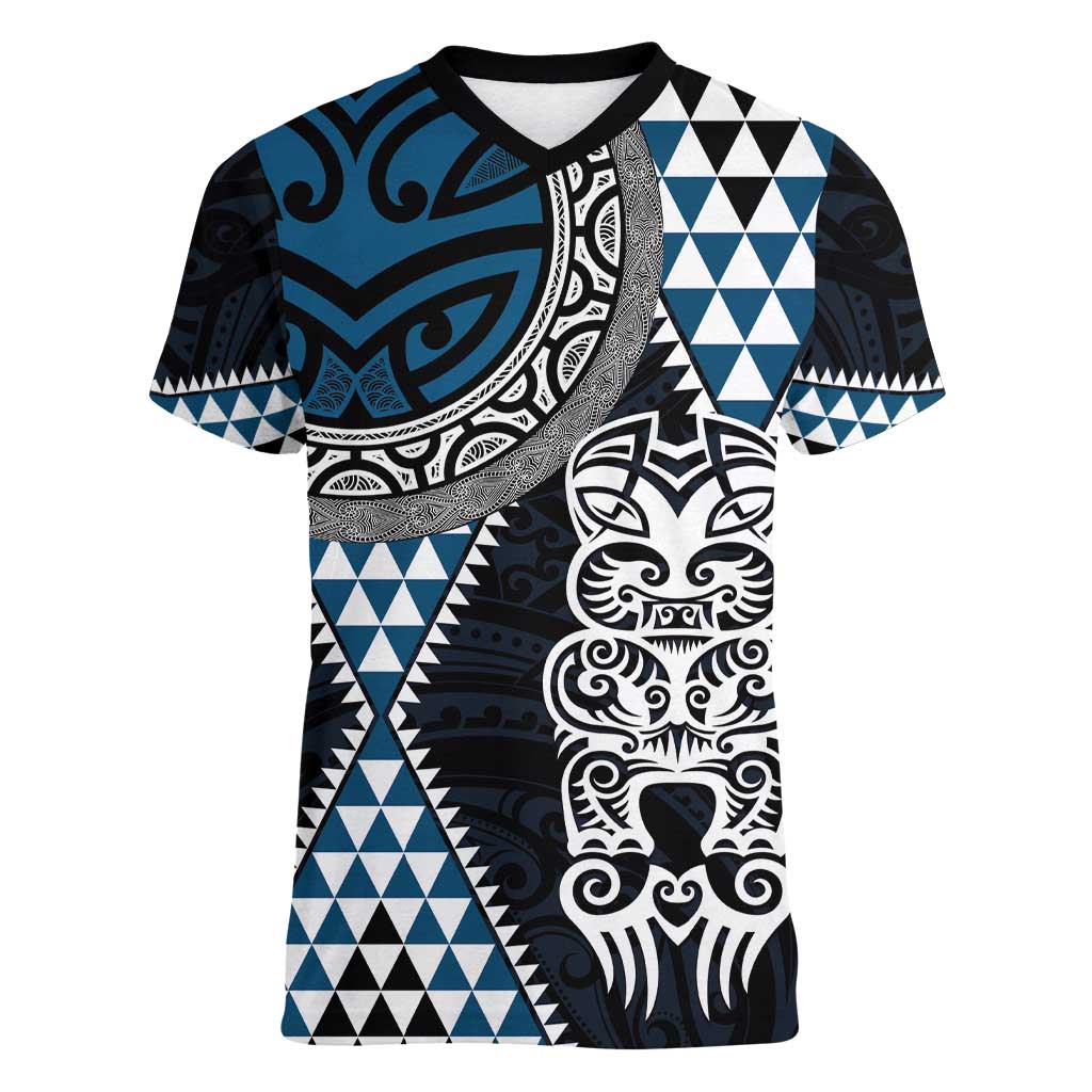 Blue Aotearoa Niho Taniwha Women V-Neck T-Shirt Maori Mythology Tooth - Taniko Motifs