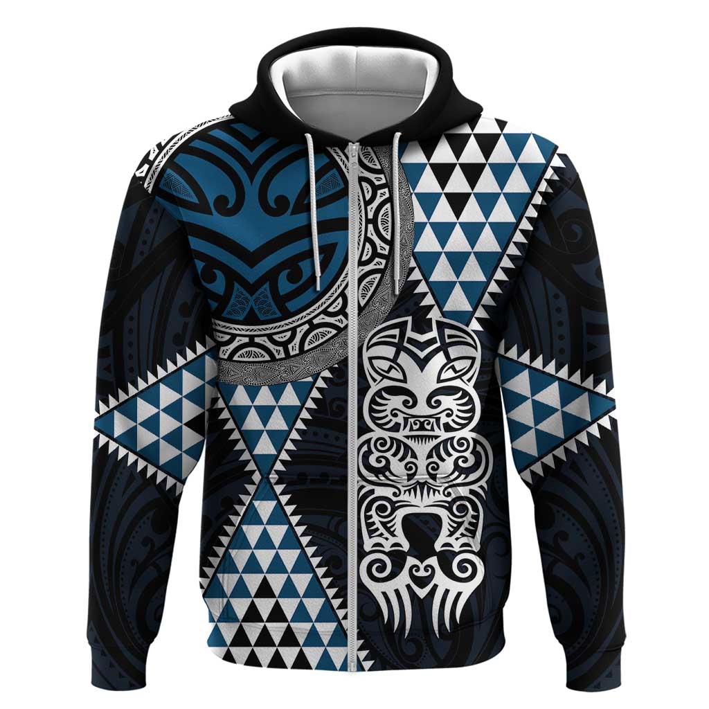 Blue Aotearoa Niho Taniwha Zip Hoodie Maori Mythology Tooth - Taniko Motifs