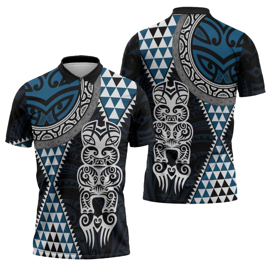 Blue Aotearoa Niho Taniwha Zipper Polo Shirt Maori Mythology Tooth - Taniko Motifs - Polynesian Pride