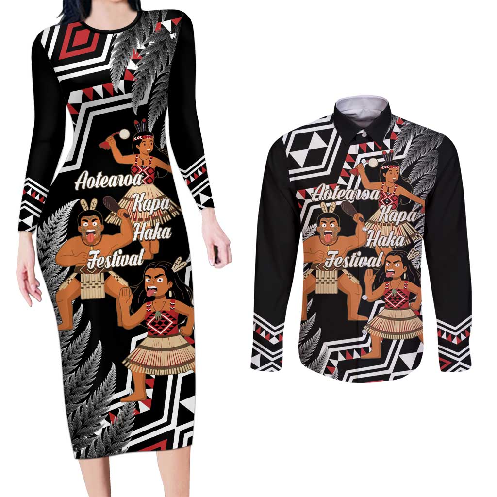 Aotearoa Kapa Haka Couples Matching Long Sleeve Bodycon Dress and Long Sleeve Button Shirt 2025 Festival - Traditional Maori Dance