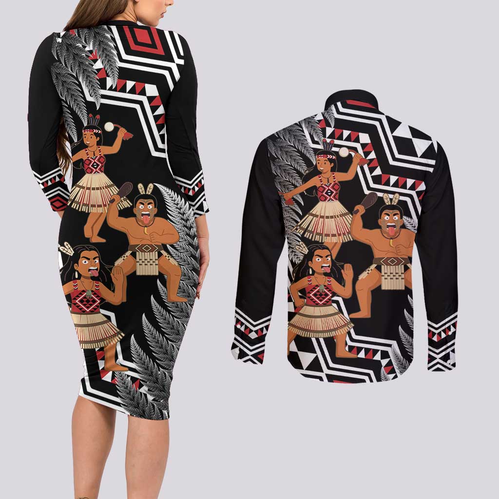Aotearoa Kapa Haka Couples Matching Long Sleeve Bodycon Dress and Long Sleeve Button Shirt 2025 Festival - Traditional Maori Dance LT14 - Polynesian Pride