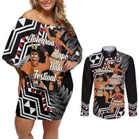 Aotearoa Kapa Haka Couples Matching Off Shoulder Short Dress and Long Sleeve Button Shirt 2025 Festival - Traditional Maori Dance LT14 Black - Polynesian Pride