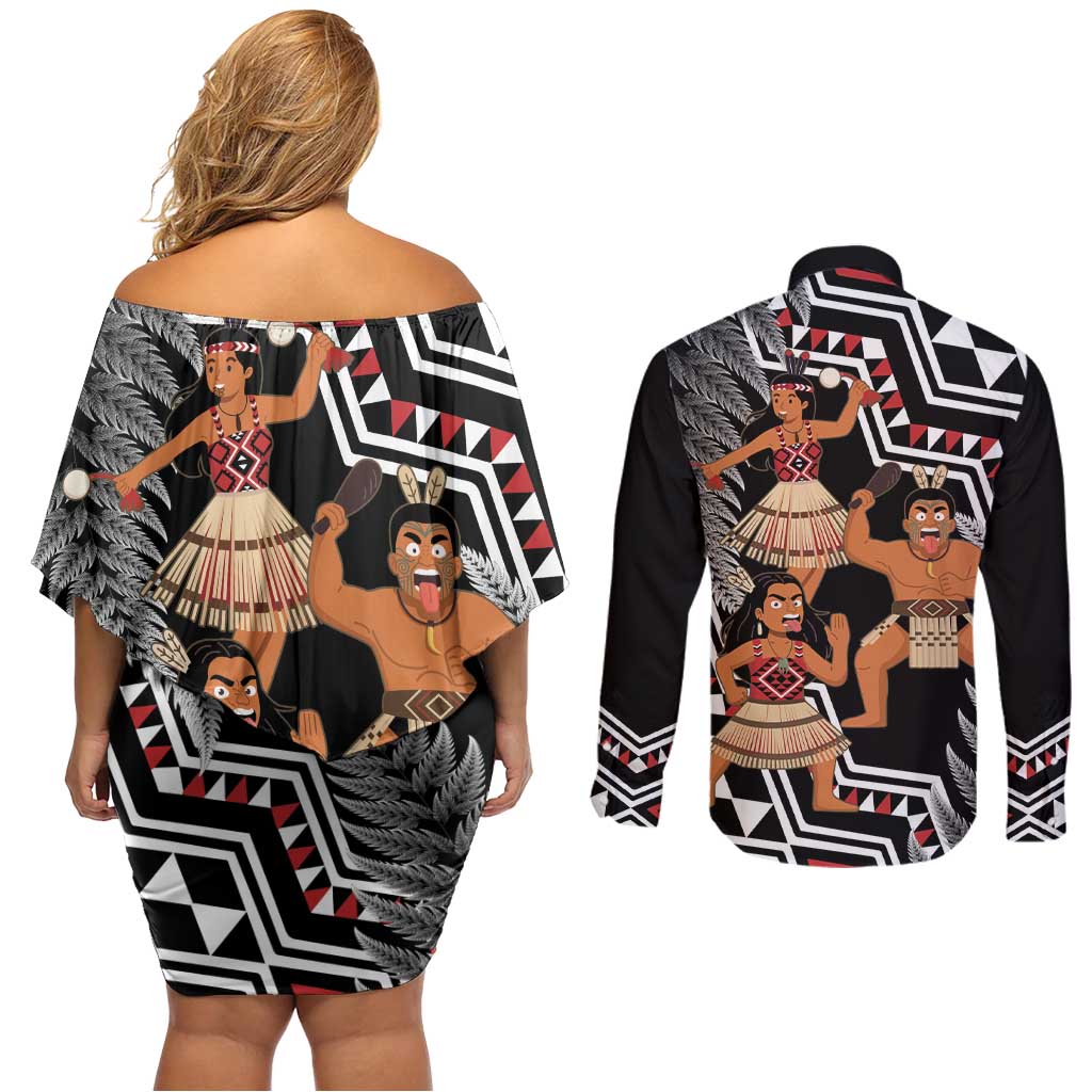 Aotearoa Kapa Haka Couples Matching Off Shoulder Short Dress and Long Sleeve Button Shirt 2025 Festival - Traditional Maori Dance LT14 - Polynesian Pride