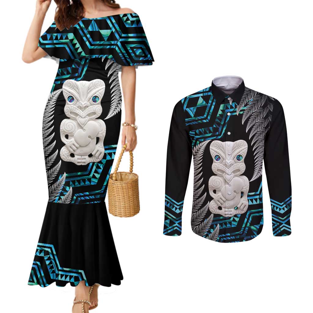 Aotearoa Taniko Paua Shell With Hei Tiki Couples Matching Mermaid Dress and Long Sleeve Button Shirt