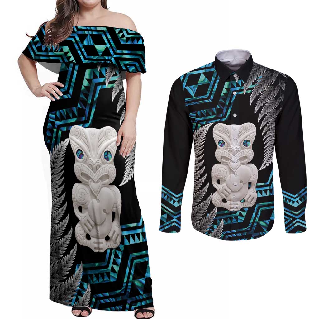 Aotearoa Taniko Paua Shell With Hei Tiki Couples Matching Off Shoulder Maxi Dress and Long Sleeve Button Shirt