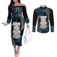 Aotearoa Taniko Paua Shell With Hei Tiki Couples Matching Off The Shoulder Long Sleeve Dress and Long Sleeve Button Shirt LT14 Black - Polynesian Pride