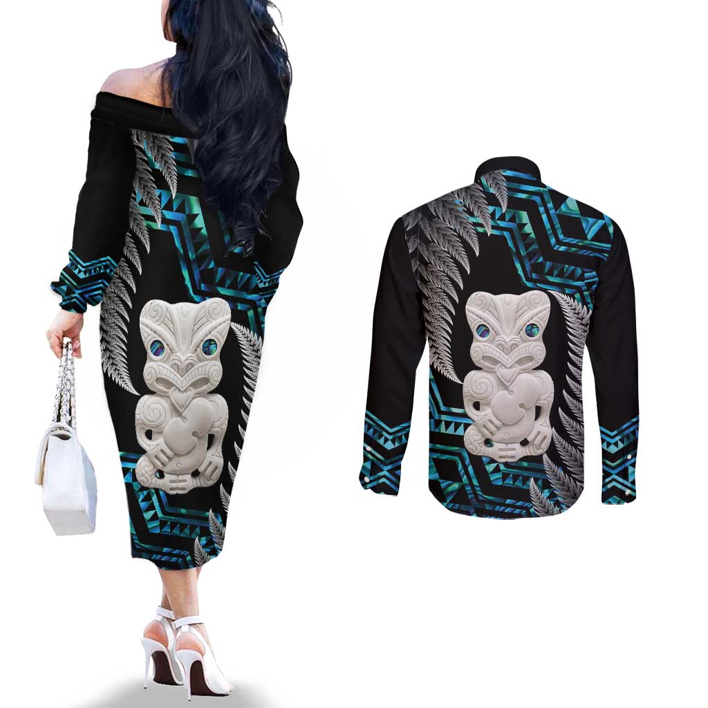 Aotearoa Taniko Paua Shell With Hei Tiki Couples Matching Off The Shoulder Long Sleeve Dress and Long Sleeve Button Shirt LT14 - Polynesian Pride