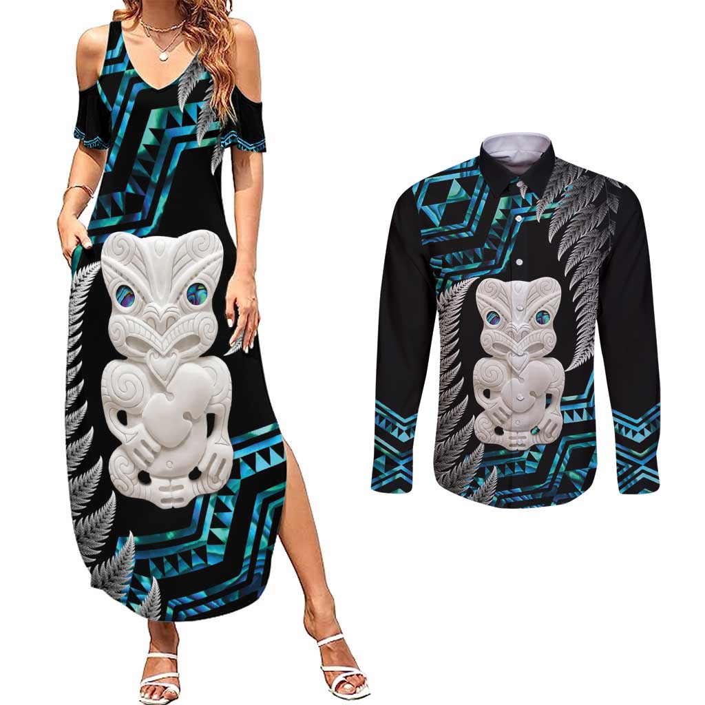 Aotearoa Taniko Paua Shell With Hei Tiki Couples Matching Summer Maxi Dress and Long Sleeve Button Shirt