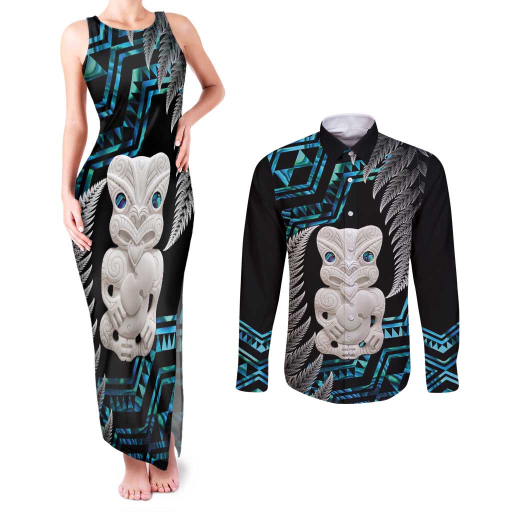 Aotearoa Taniko Paua Shell With Hei Tiki Couples Matching Tank Maxi Dress and Long Sleeve Button Shirt