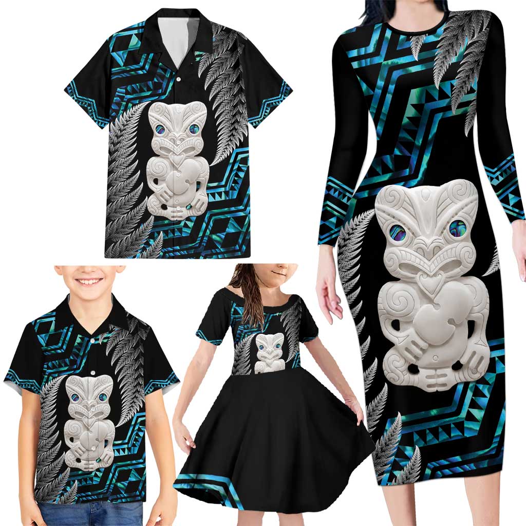 Aotearoa Taniko Paua Shell With Hei Tiki Family Matching Long Sleeve Bodycon Dress and Hawaiian Shirt