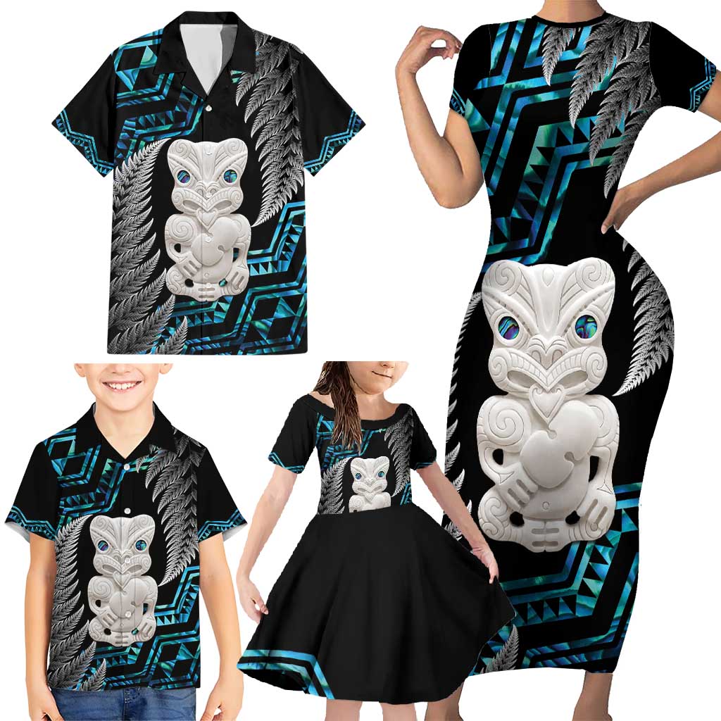 Aotearoa Taniko Paua Shell With Hei Tiki Family Matching Short Sleeve Bodycon Dress and Hawaiian Shirt