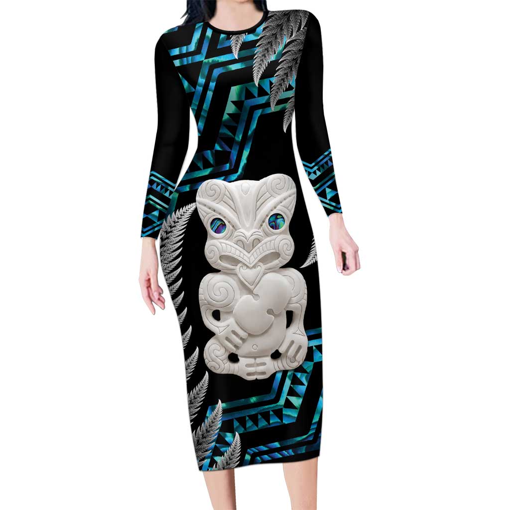 Aotearoa Taniko Paua Shell With Hei Tiki Long Sleeve Bodycon Dress