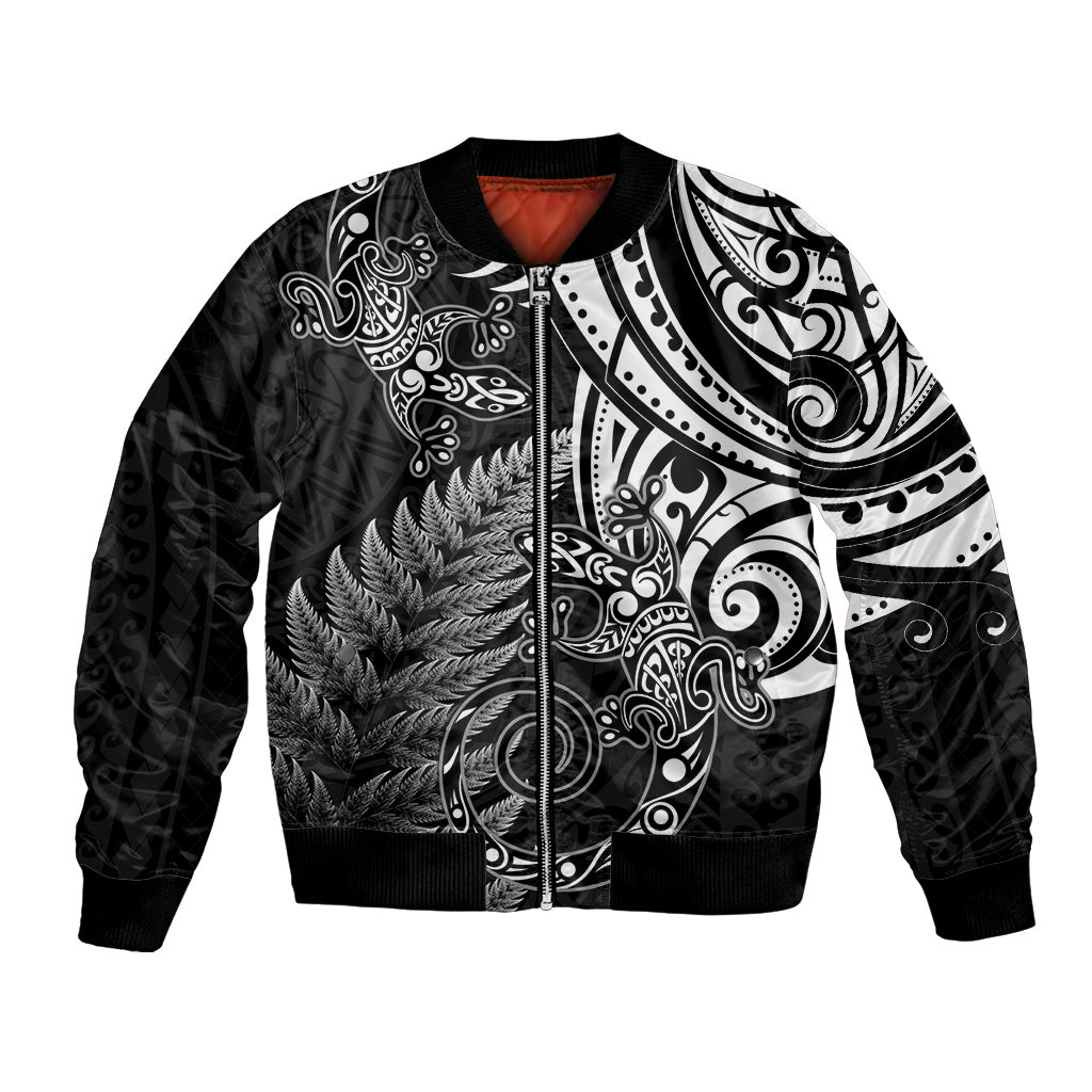 New Zealand Lizard Bomber Jacket Silver Fern Aotearoa Maori LT14 Unisex Black - Polynesian Pride