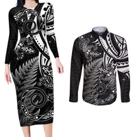 New Zealand Lizard Couples Matching Long Sleeve Bodycon Dress and Long Sleeve Button Shirt Silver Fern Aotearoa Maori LT14 Black - Polynesian Pride