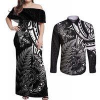 New Zealand Lizard Couples Matching Off Shoulder Maxi Dress and Long Sleeve Button Shirt Silver Fern Aotearoa Maori LT14 Black - Polynesian Pride