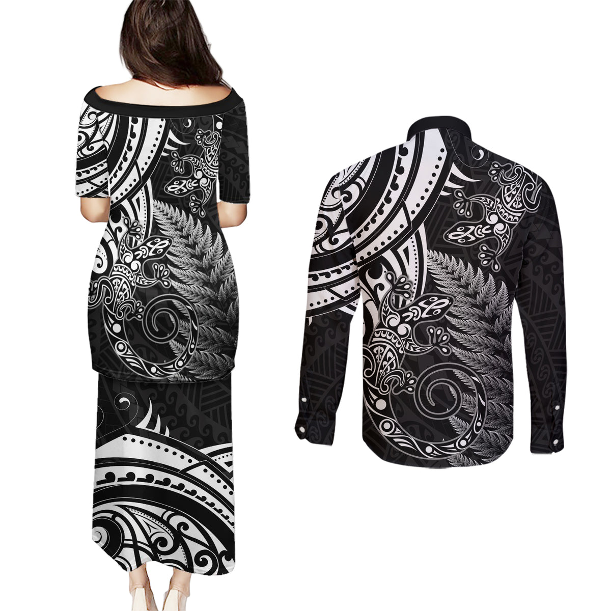 New Zealand Lizard Couples Matching Puletasi and Long Sleeve Button Shirt Silver Fern Aotearoa Maori LT14 - Polynesian Pride
