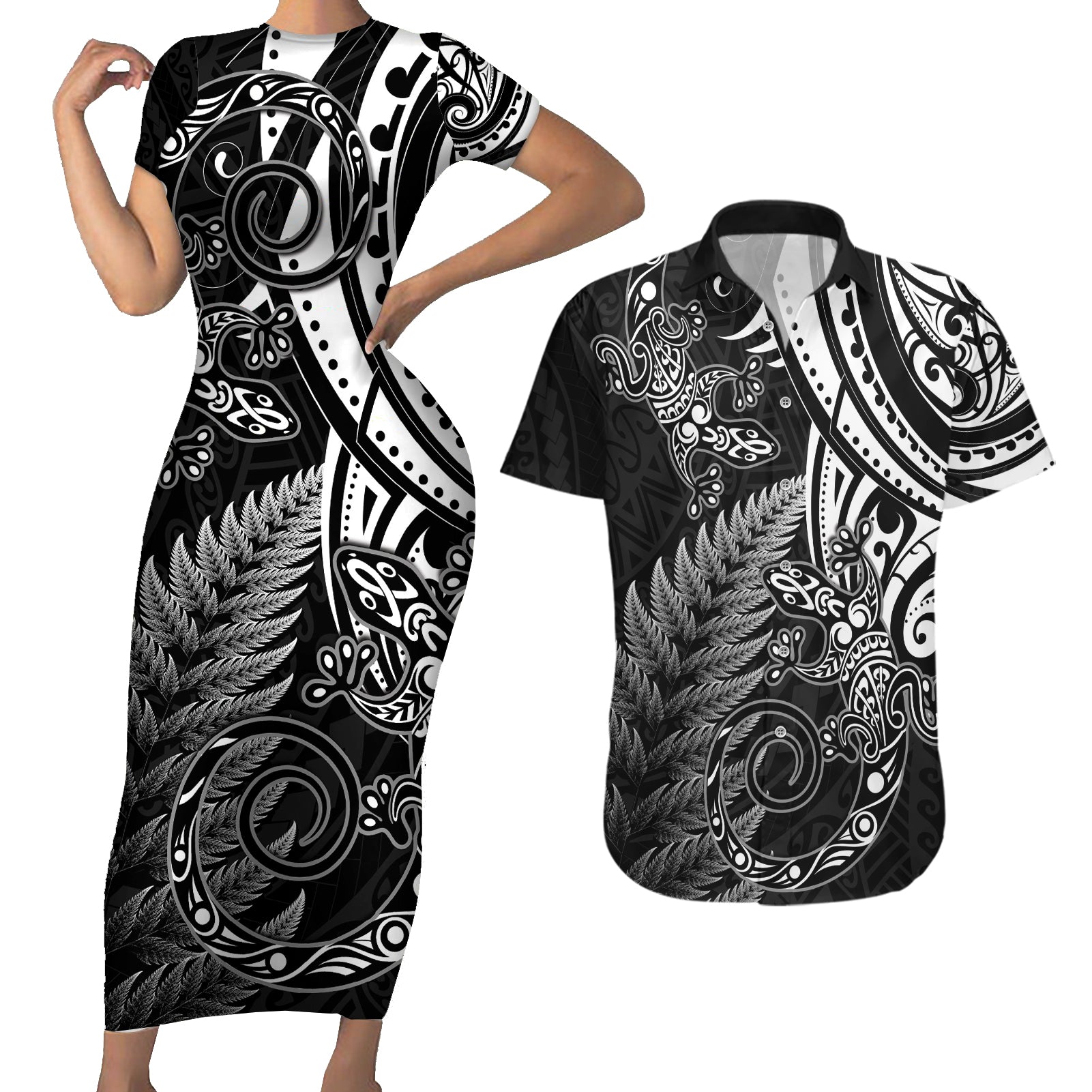 New Zealand Lizard Couples Matching Short Sleeve Bodycon Dress and Hawaiian Shirt Silver Fern Aotearoa Maori LT14 Black - Polynesian Pride