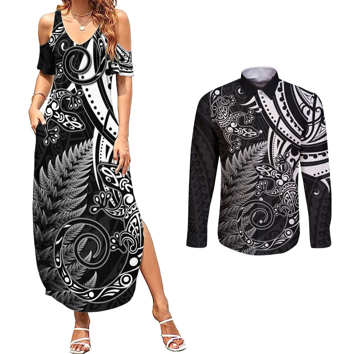 New Zealand Lizard Couples Matching Summer Maxi Dress and Long Sleeve Button Shirt Silver Fern Aotearoa Maori LT14 Black - Polynesian Pride